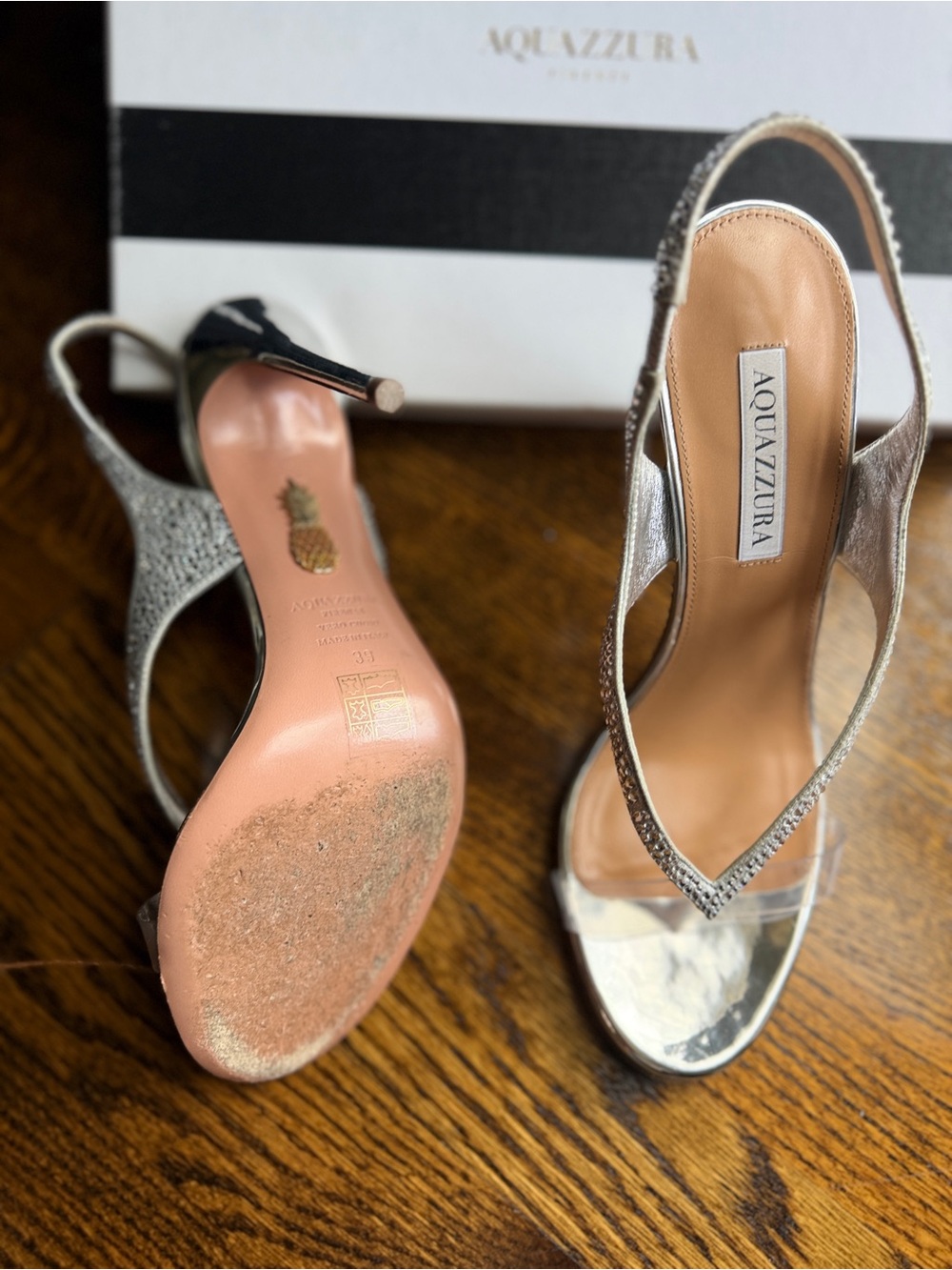 Aquazzura Izzy Metallic Strass Silver Slingback Cocktail Sandals Size 39 - Picture 7 of 9
